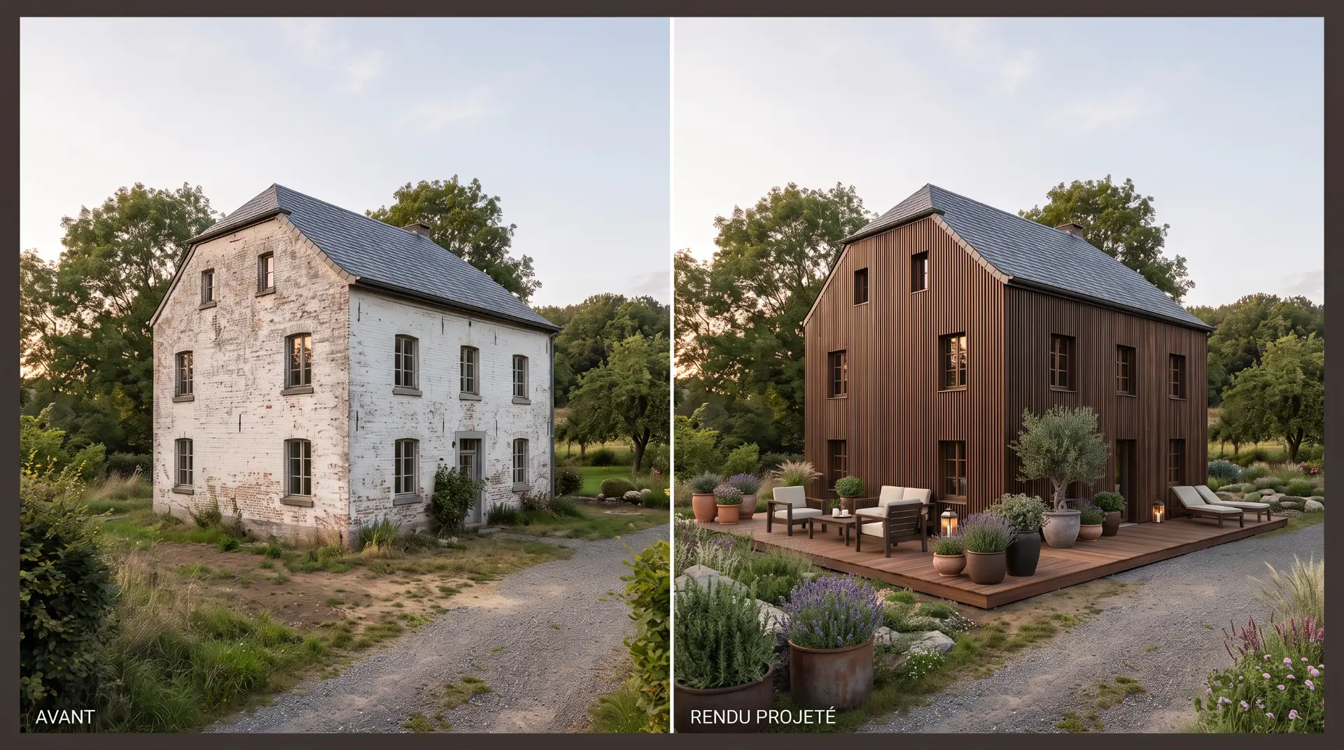 Illustration avant / après d'un projet visualisé par l'outil IA d'ID Bois